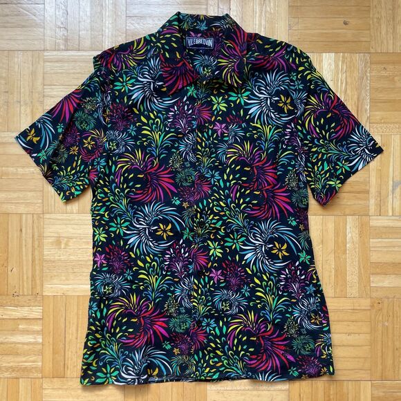VILEBREQUIN Charli Linen Bowling Shirt Mens Medium Black Floral Evening Birds - Picture 1 of 10
